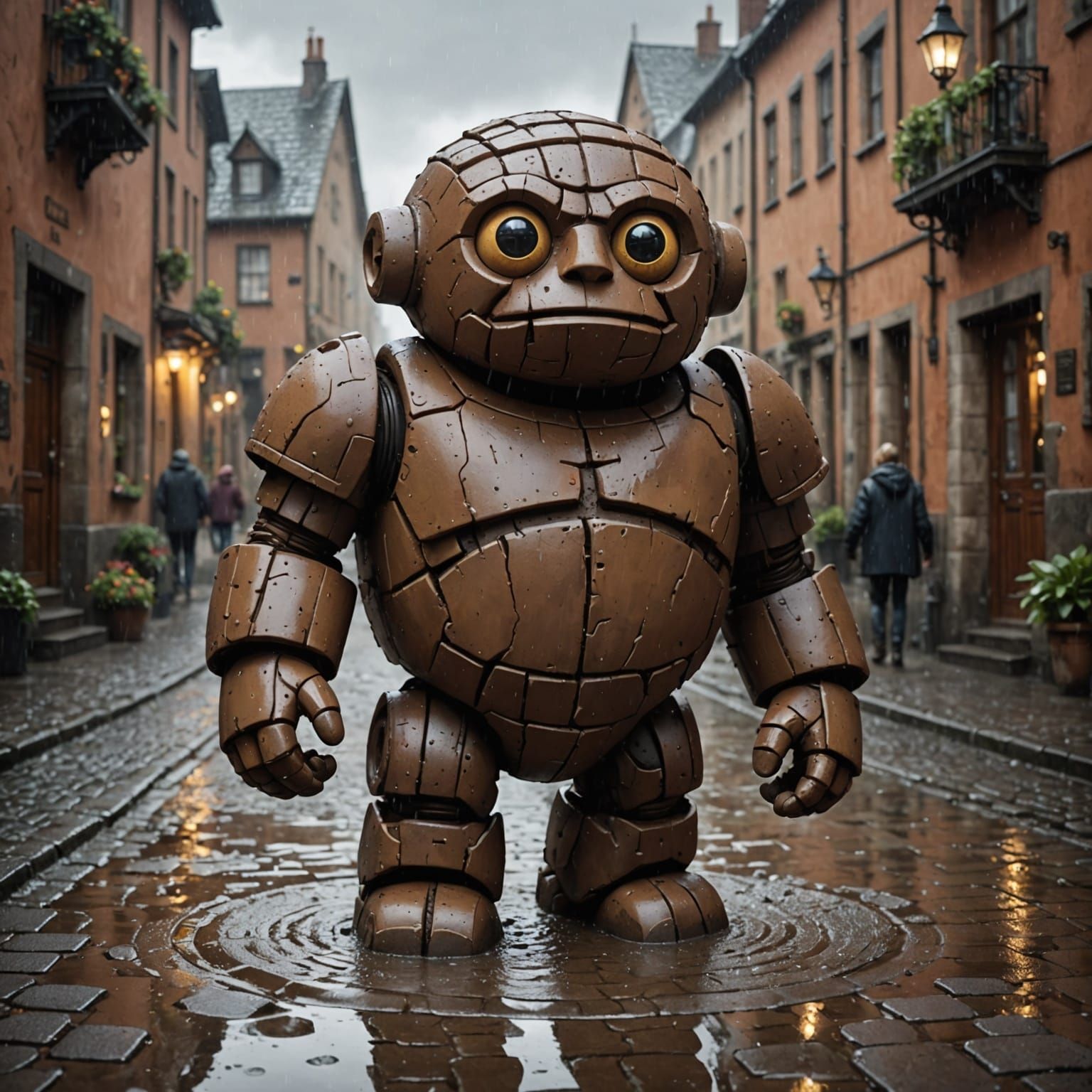 Whimsical Clay Golem in Rainy Street Scene