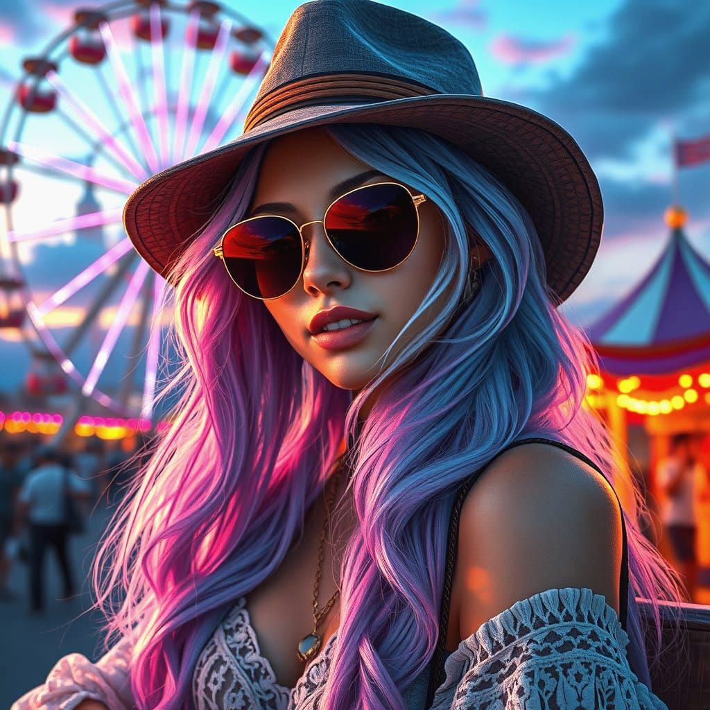 Hyperrealistic Boho Woman in Vibrant Fairground Scene