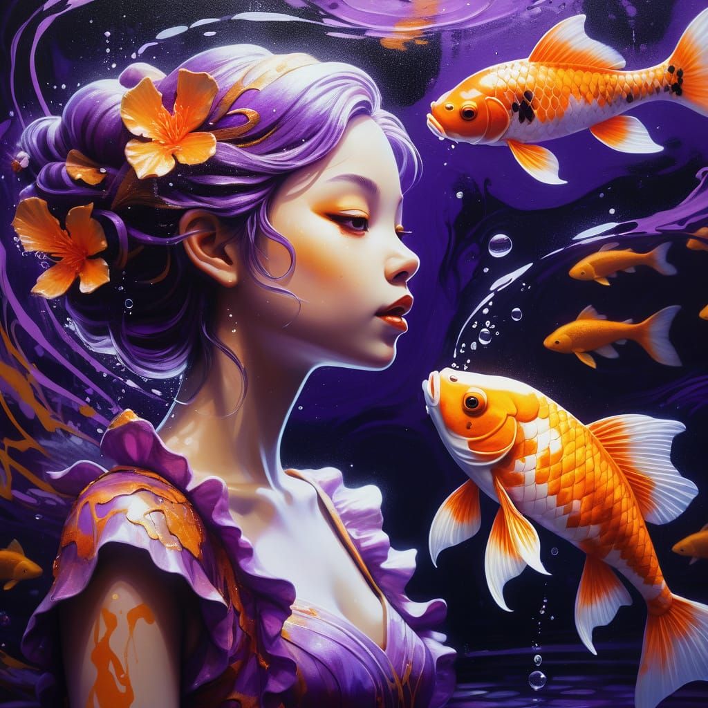 Sugar Plum Fairy Greets Glowing Koi in Vibrant Graffiti Art