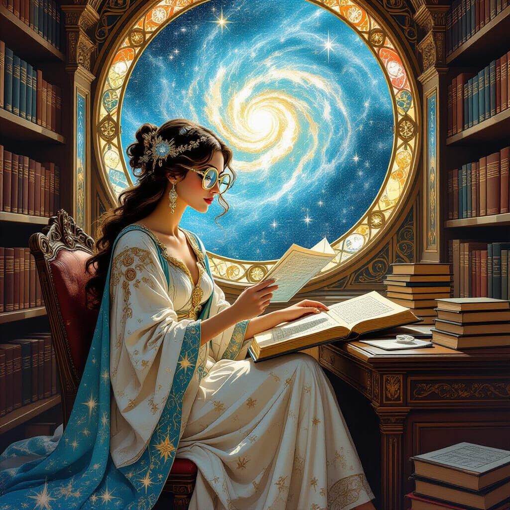 Cosmic Librarian Cataloging Constellations in Art Nouveau St...