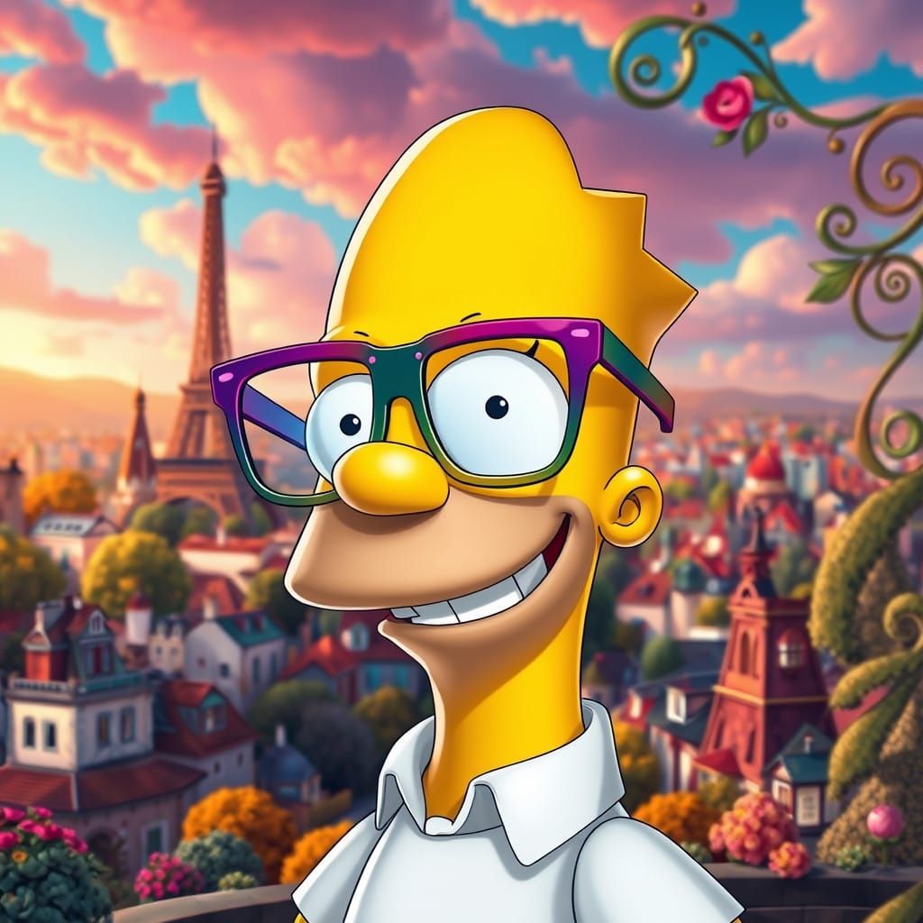 Simpson Character Wears Trendy Glasses in Parisian Countrysi...