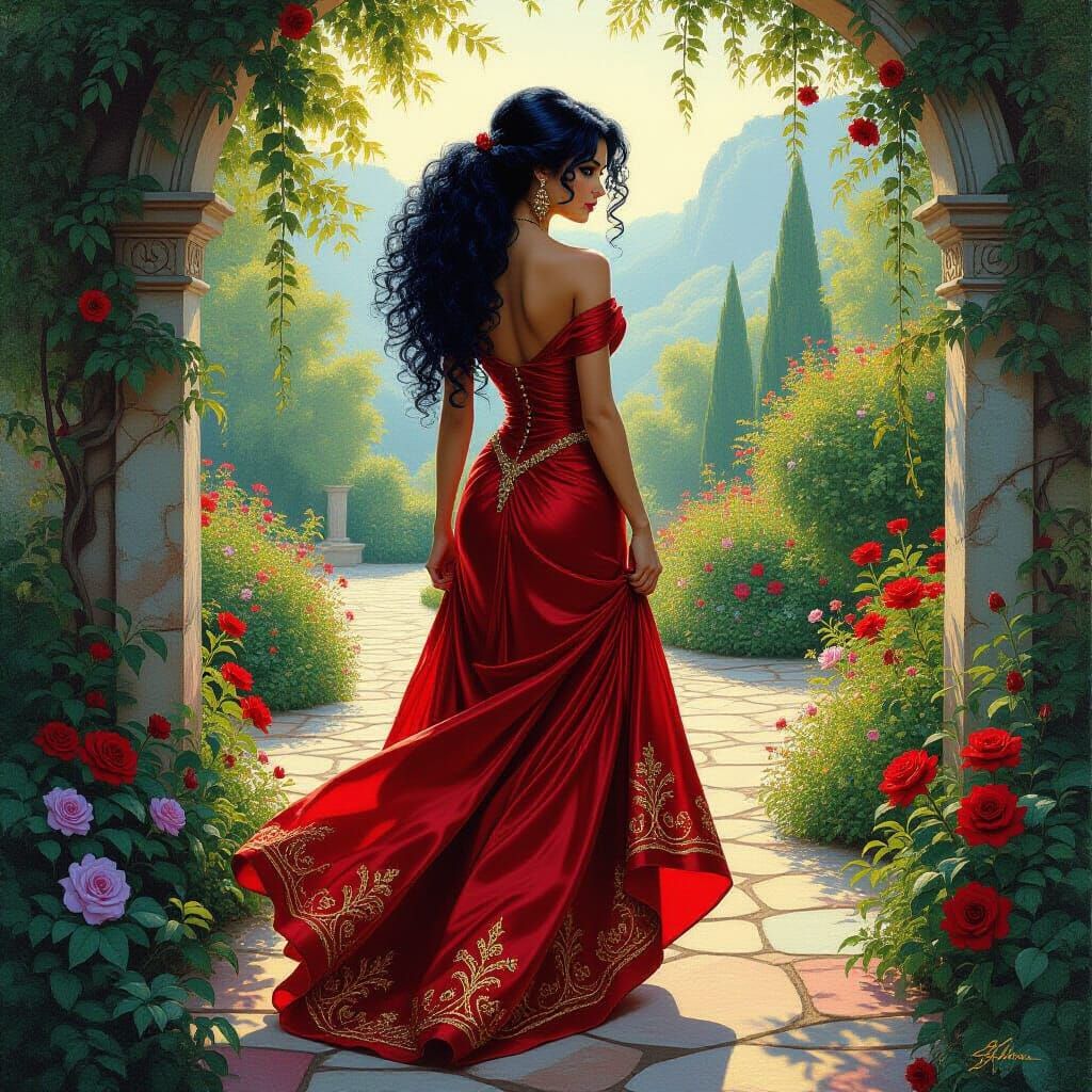 Woman in Silk Gown in Fantasy Garden