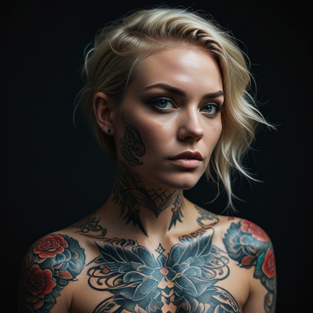 Gorgeous blonde body piercing and coloured tattoos