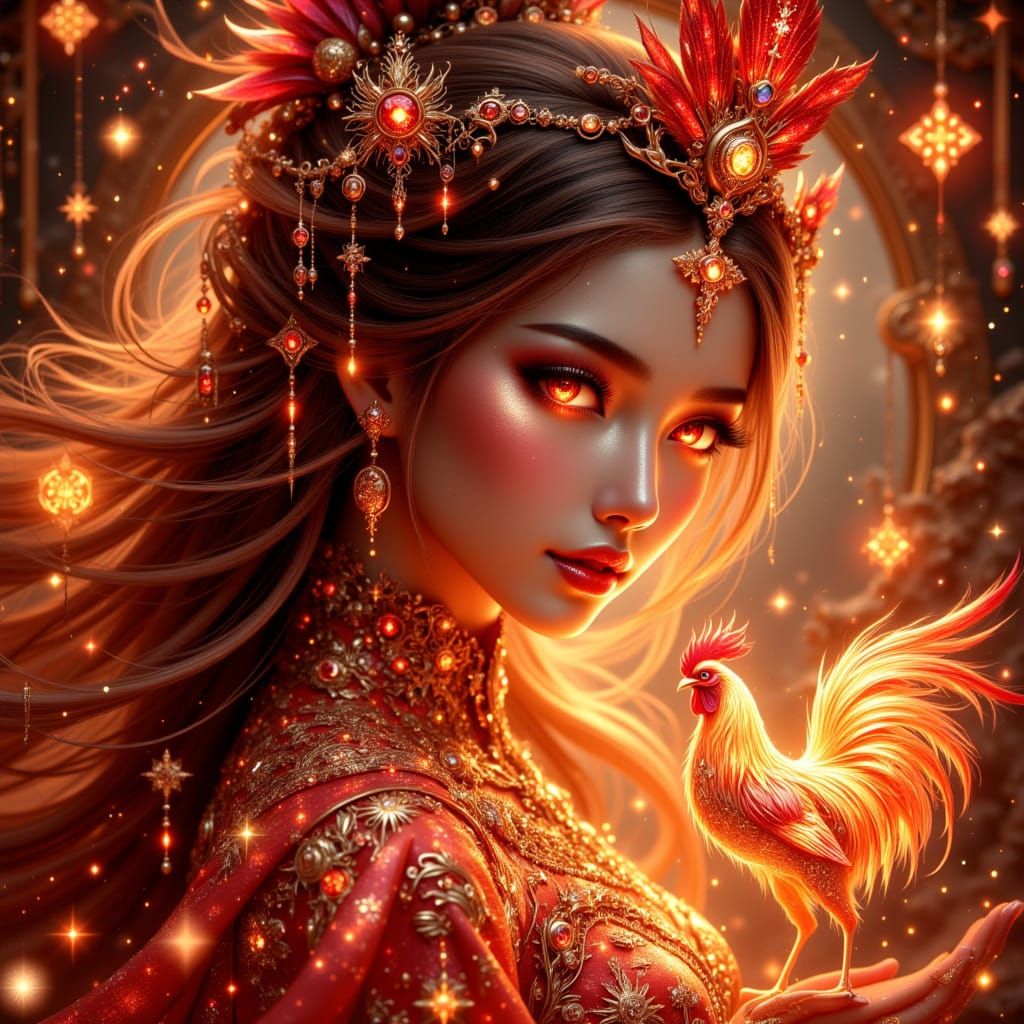 Ethereal Anime Woman: Rooster Zodiac Card in 3D