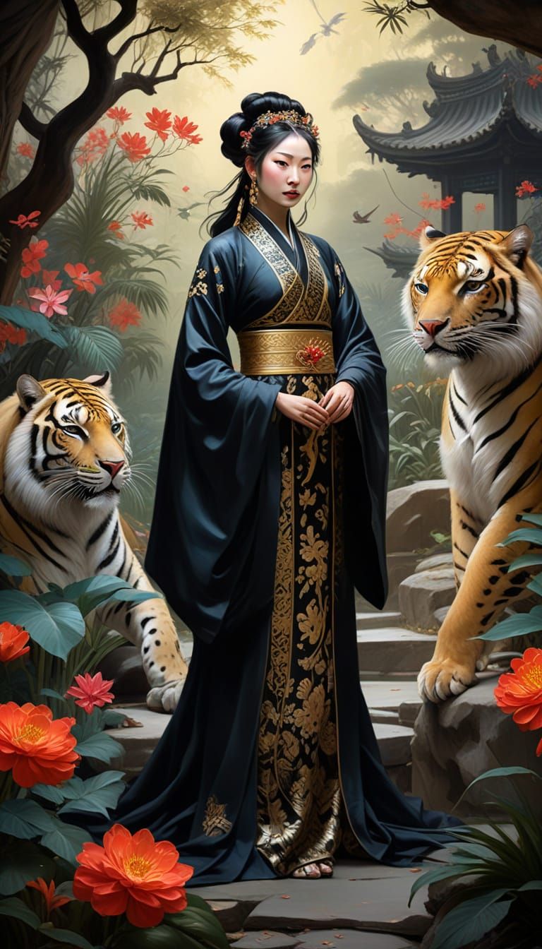 Vibrant Oil Portrait of the Chinese Goddess Xiwangmu in a My...