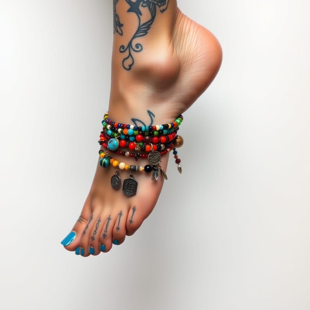 Exotic Ankle Decorated with Colorful Tattoos and Beaded Brac...