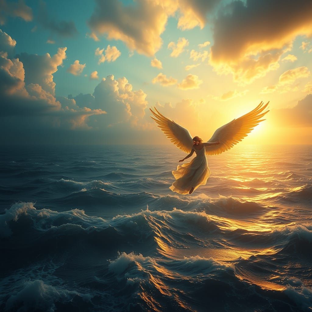 Angels Dancing Over Epic Oceanic Waves in Cinematic Style