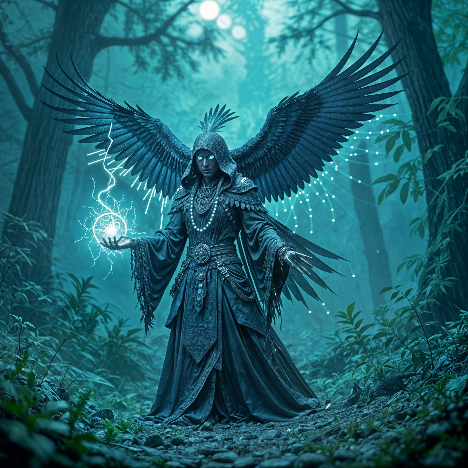 Futuristic Shaman's Digital Raven Transformation: Oil Painti...