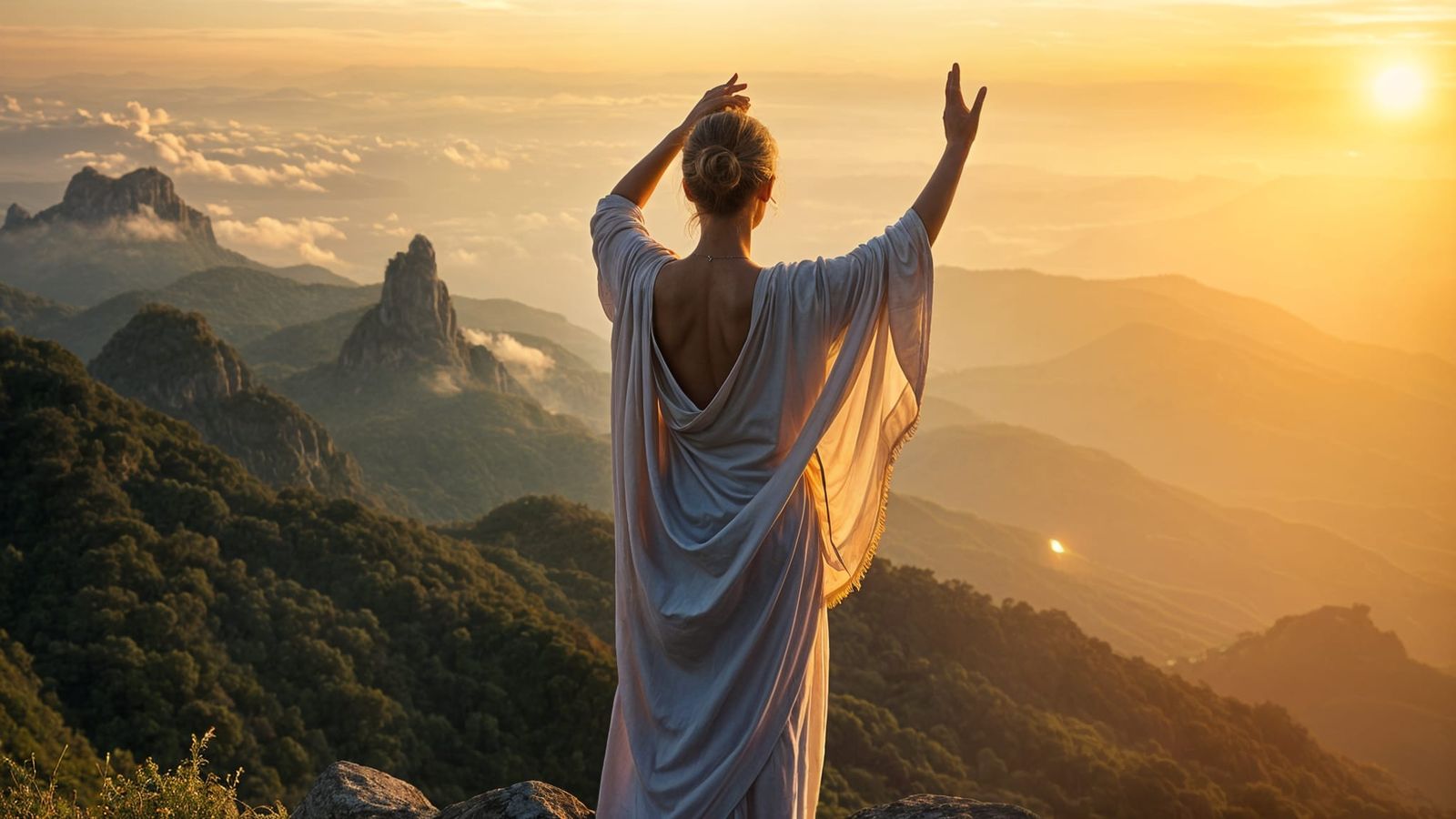 Young Woman in Yoga Pose on Mountain Top at Sunrise