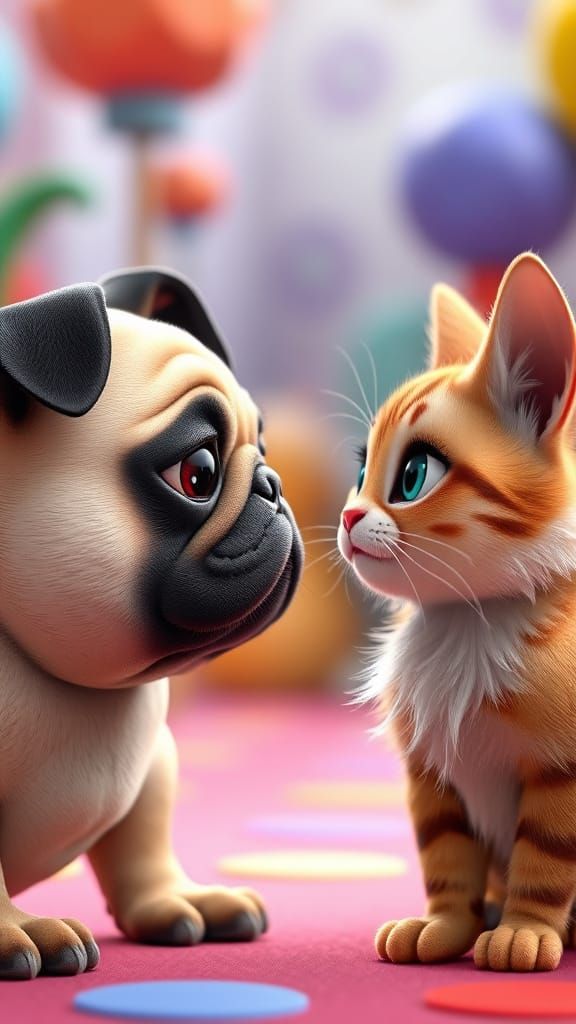 Pug and Cat Face Off in Whimsical 3D Art Style