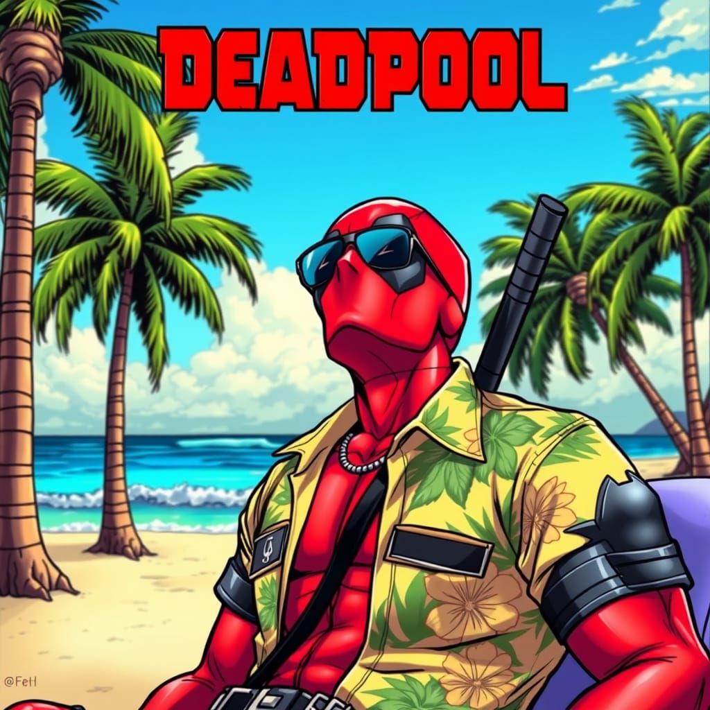 Deadpool Sunbathing in Comic Book Style
