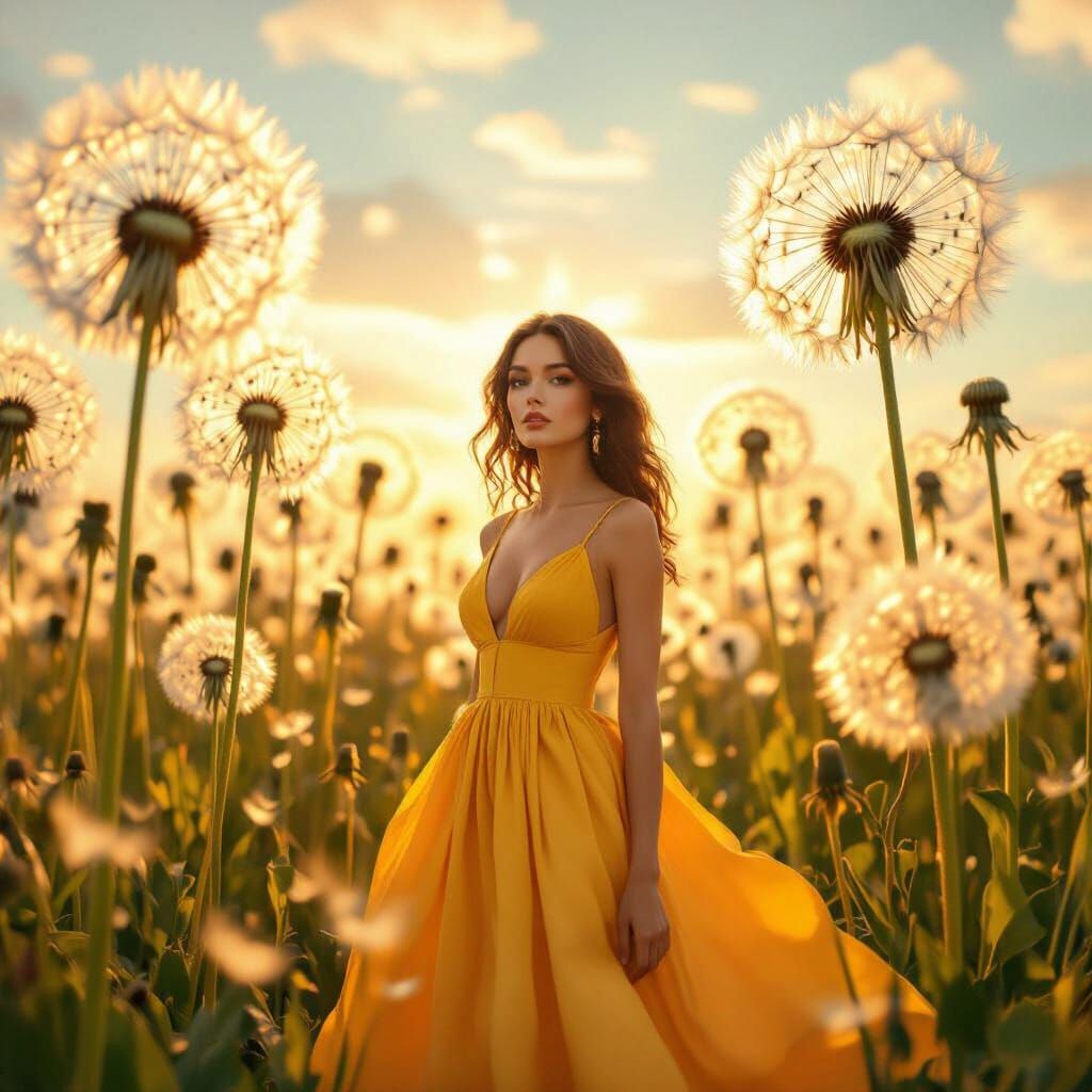 Woman in Dandelion Field as Digital Art