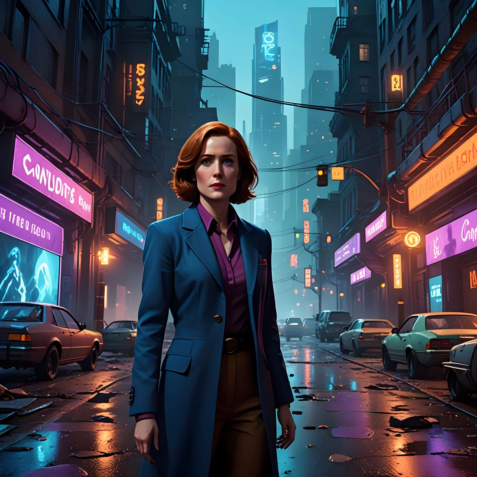 Gillian Anderson as Dana Scully in Neon Futuristic Cityscape