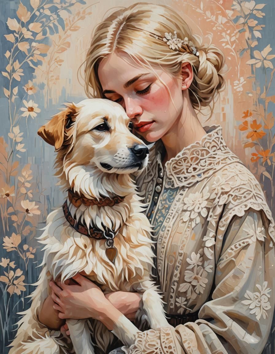 Young Girl Embracing Dog in Impressionist Gouache Style