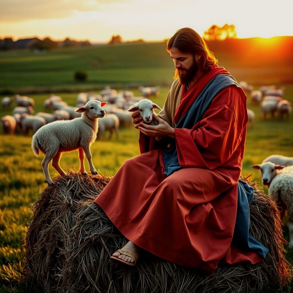 Jesus the Good Shepherd in a Peaceful Landscape