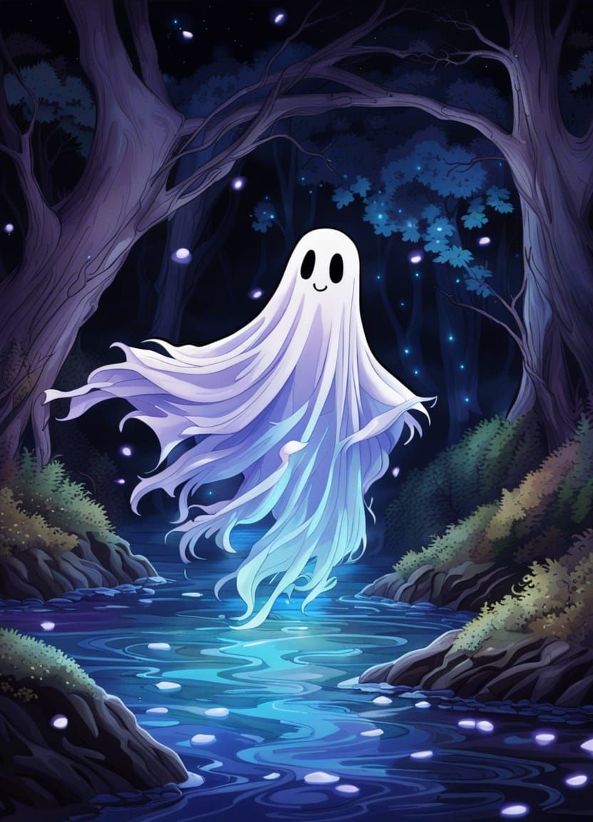 Cute Ghost Floating in Woodland Stream: Anime Style