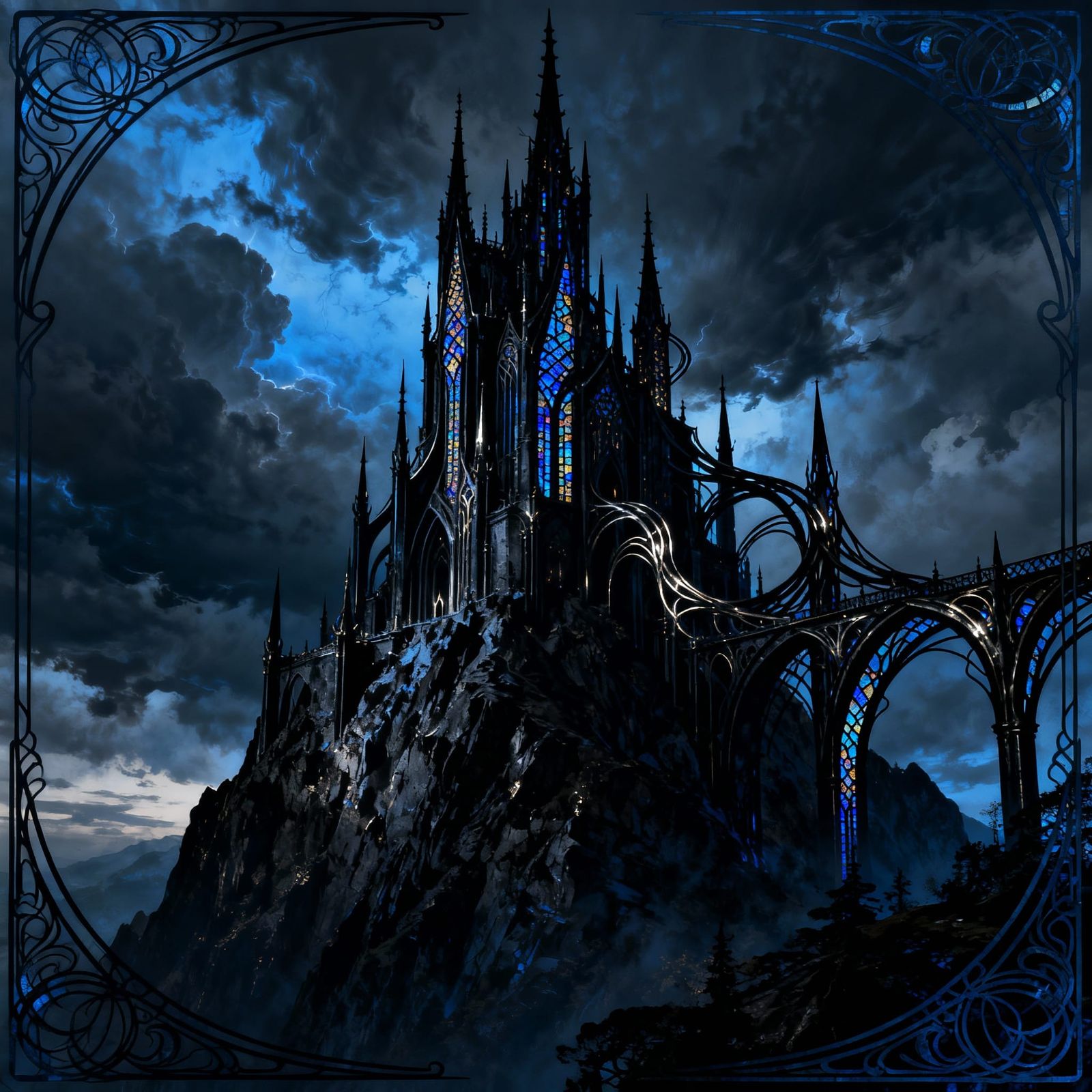 Art Nouveau Castle on Mountain in Black Metal Style