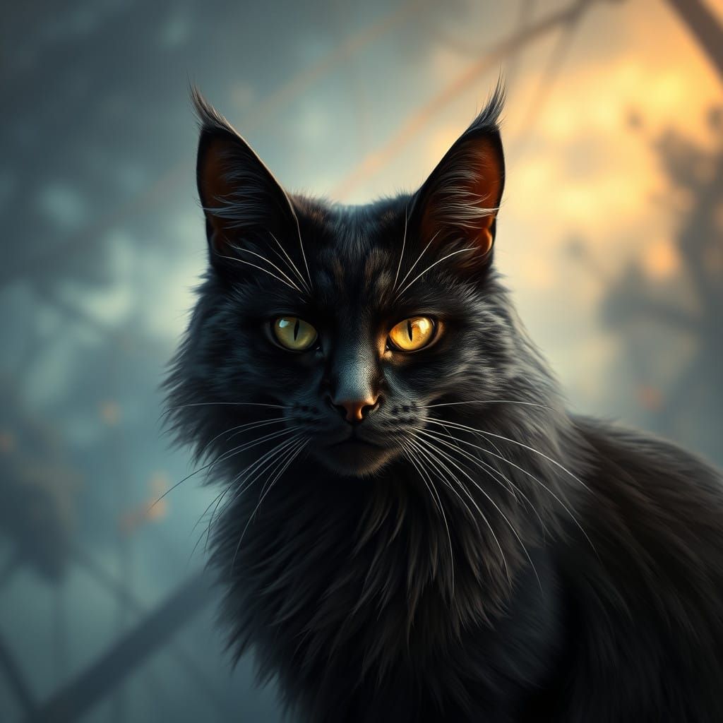 Majestic Black Cat in Mystical Fantasy Landscape