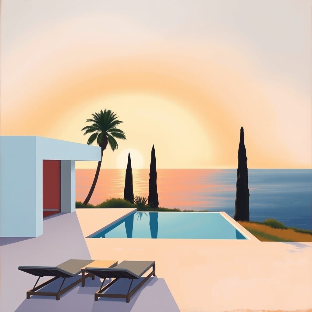 Minimalist Modern House Near Ocean in Oil Painting Style