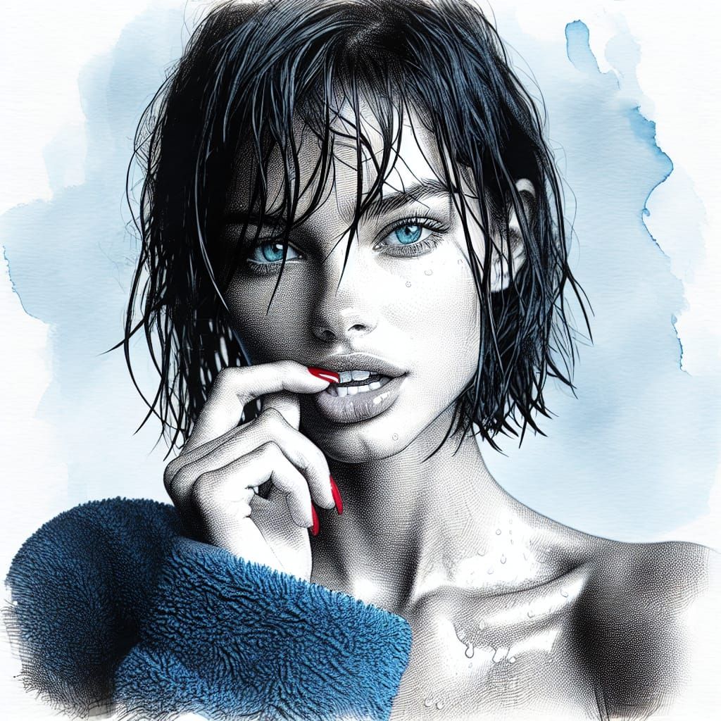 Photorealistic Pencil Sketch of Woman in Blue