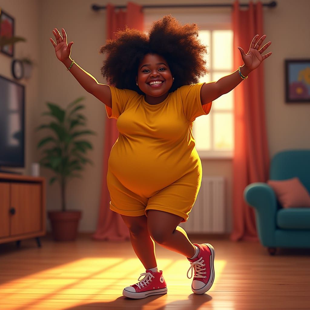 Joyful Fat Black Teen Dancing in Family Living Room