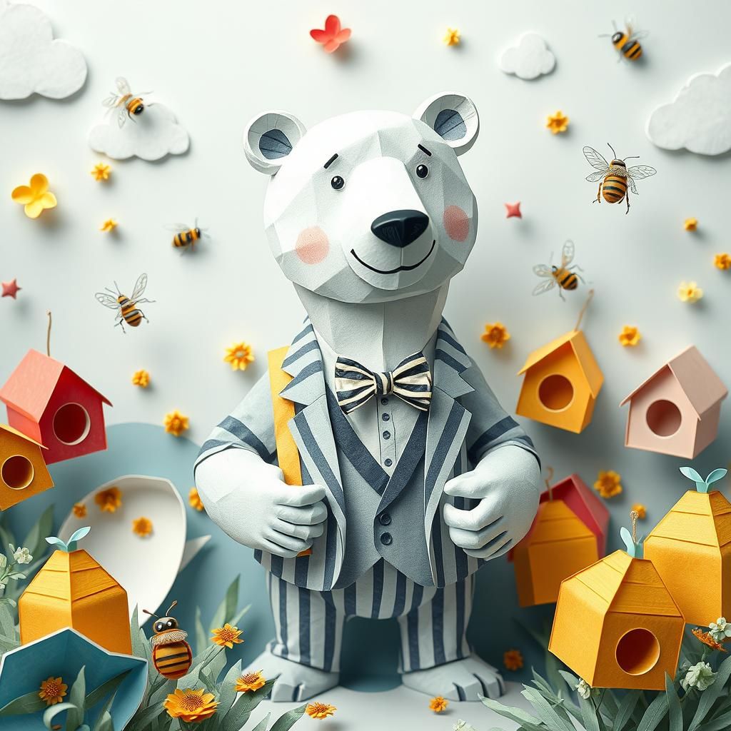 Origami Polar Bear with Beehives in Paper World