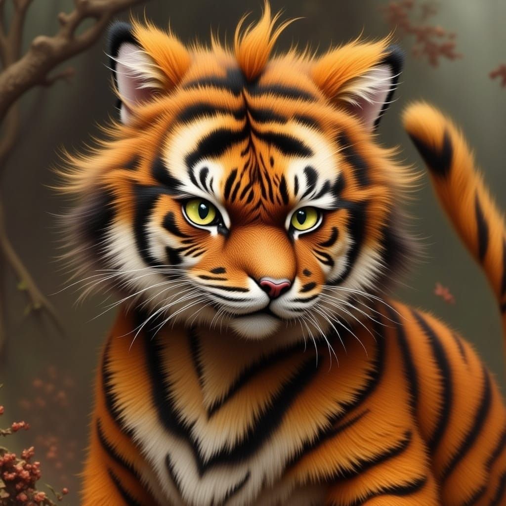 Fluffy Cat in Tiger Costume with Tiny Mane