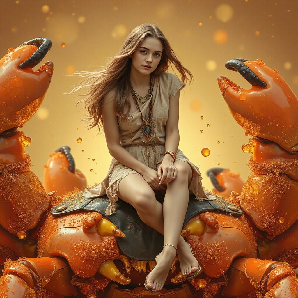 Woman on Gummy Crab in Effervescent Soda Sea