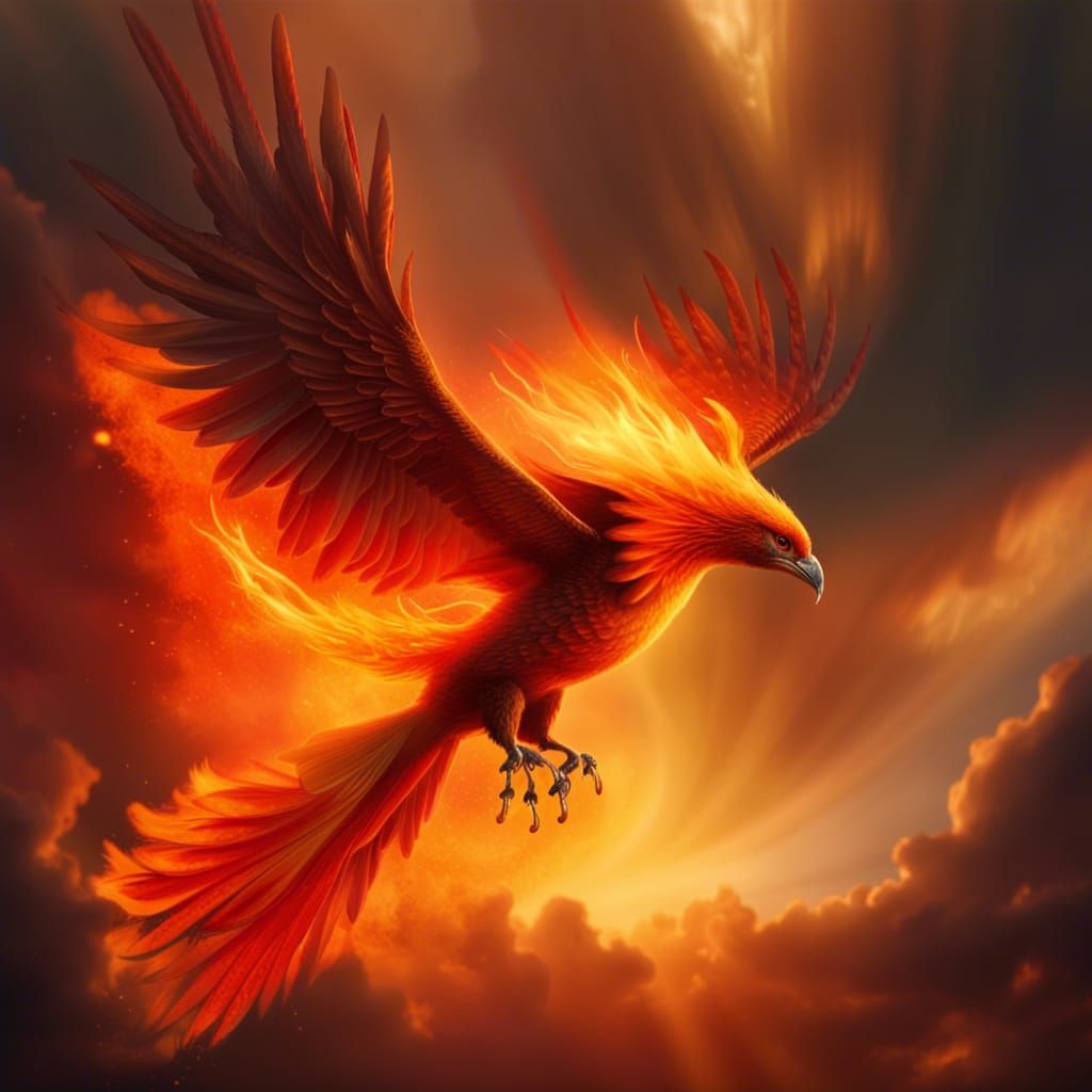 Fiery Phoenix Rising Through Heavenly Clouds