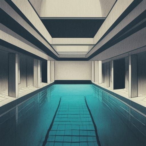 Eerie Lit Indoor Pool Illustration in Brutalist Style
