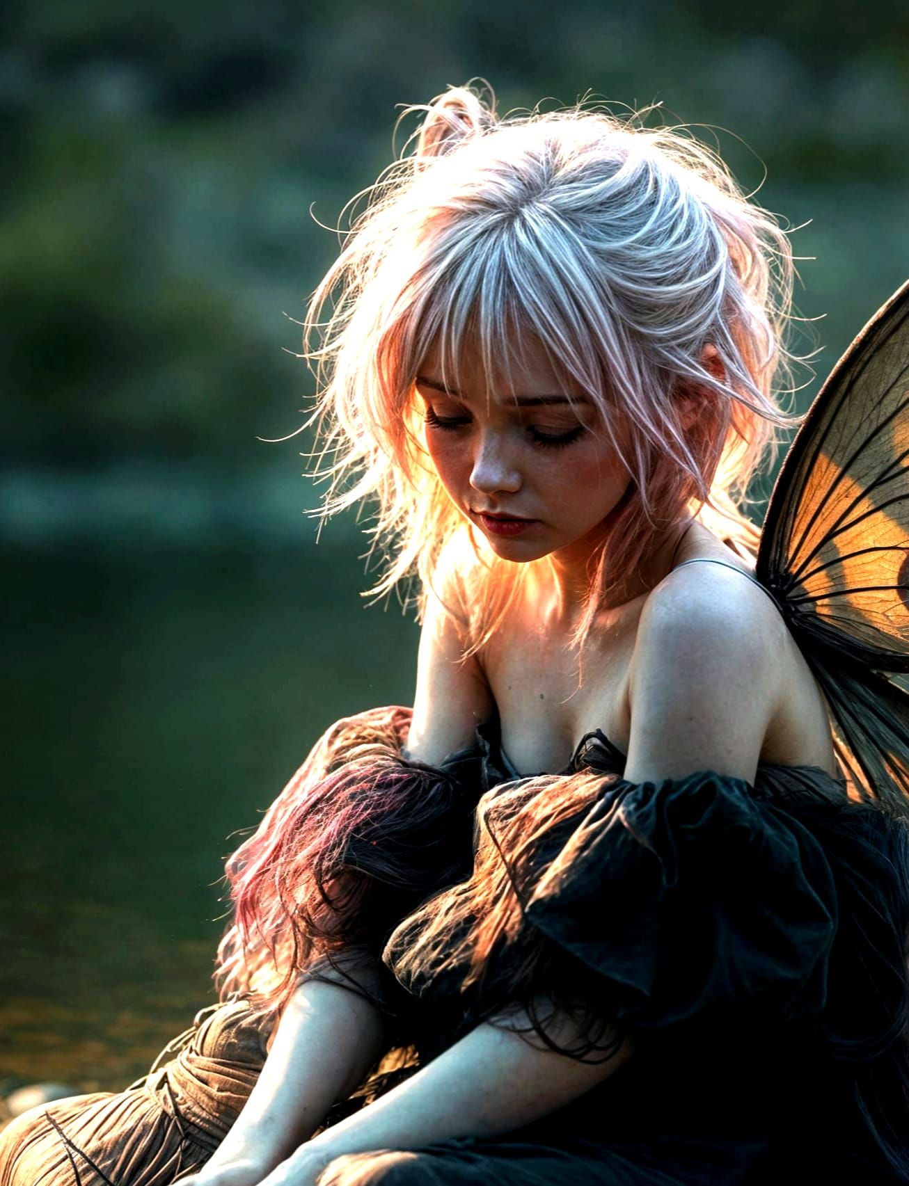 Ethereal Pixie Cries by River in Hyper Realistic Style