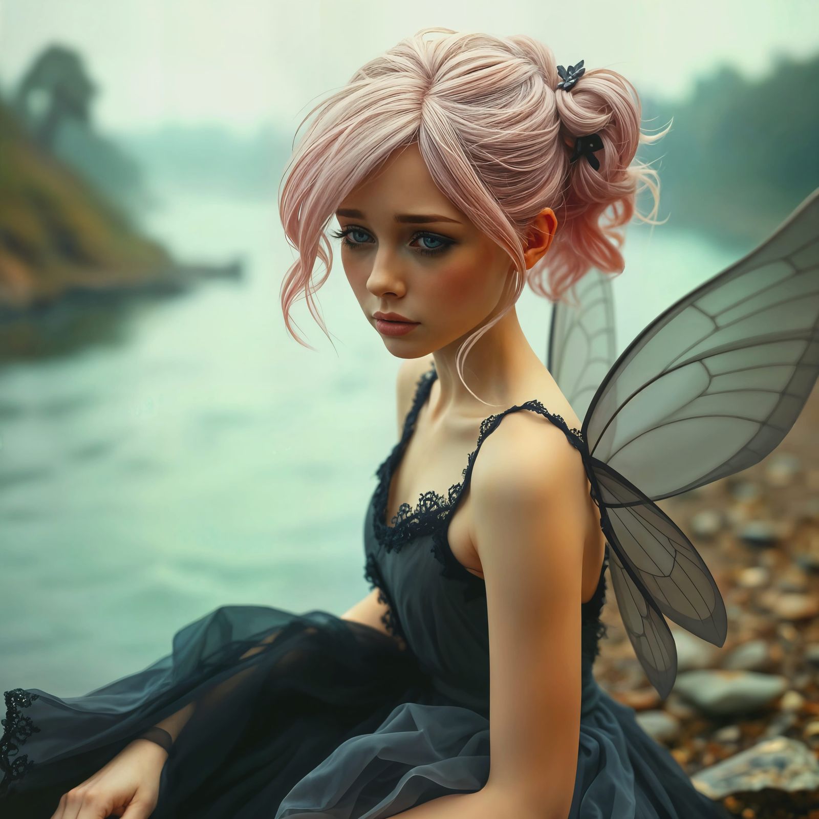 Surreal Pixie Weeps by Riverbank in Cinematic Hyper Realism