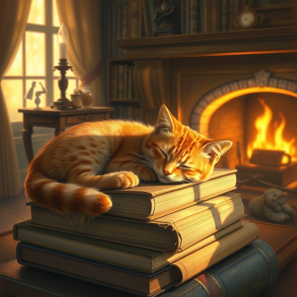 Cozy Library Scene with Ginger Cat and Golden Light