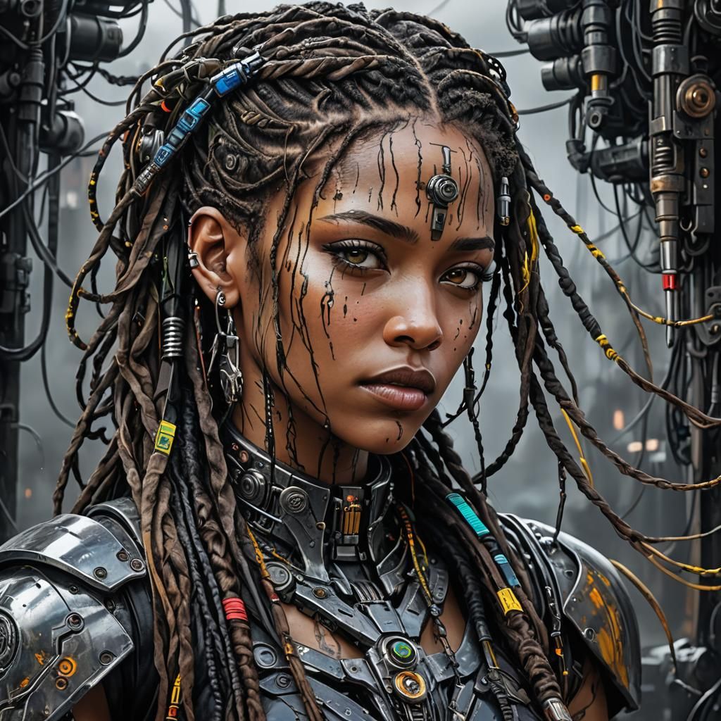 Cyborg Beauty with Cybernetic Hand in Post-Apocalyptic World