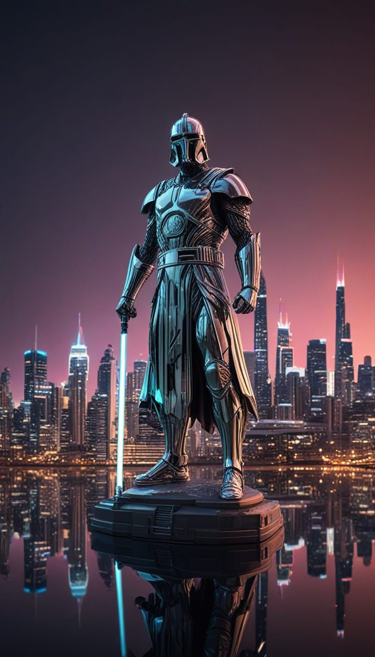 Chrome Jedi Knight Statue in Futuristic City