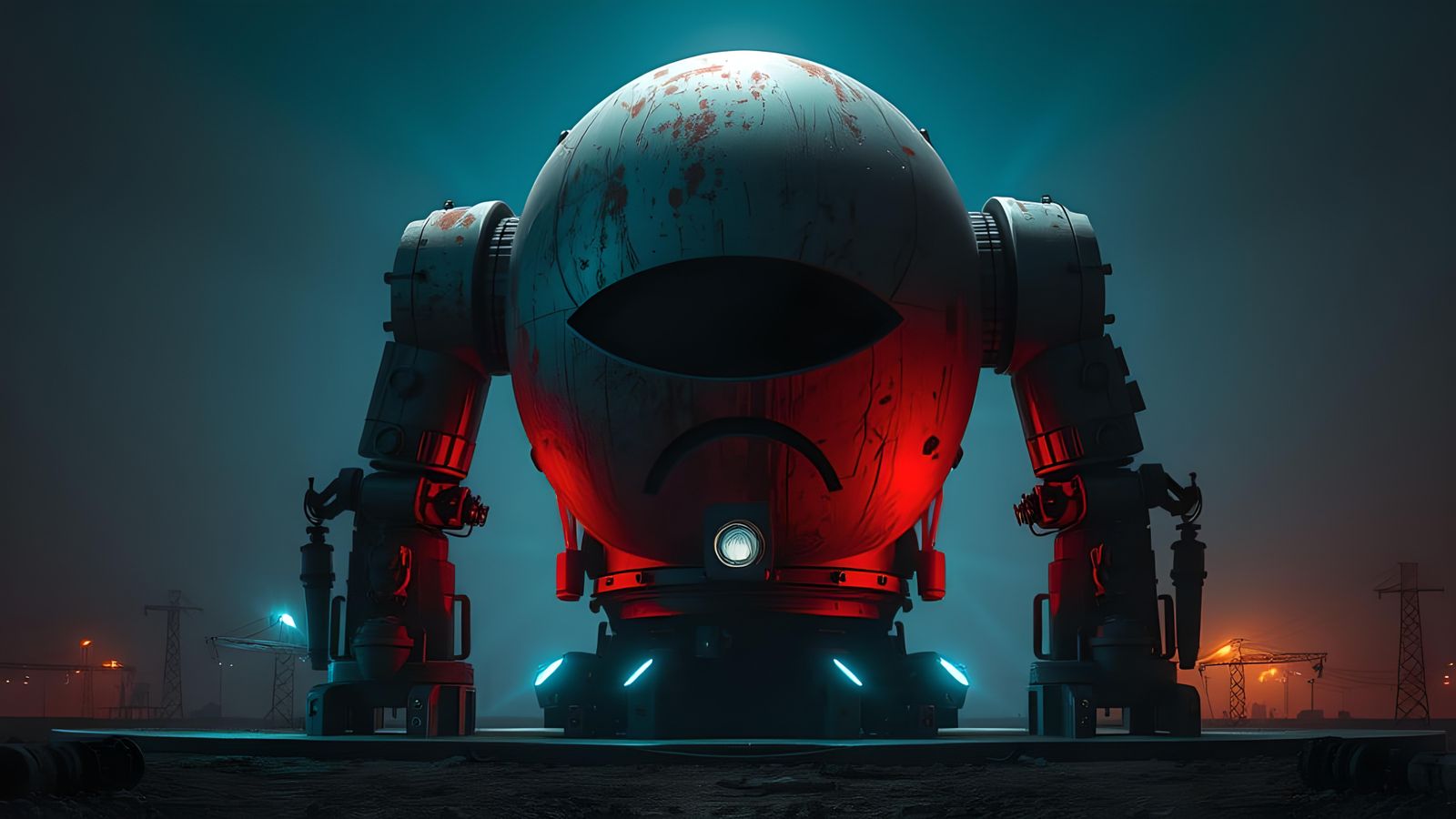 Dystopian Robot Emoji in a Sci-Fi Landscape