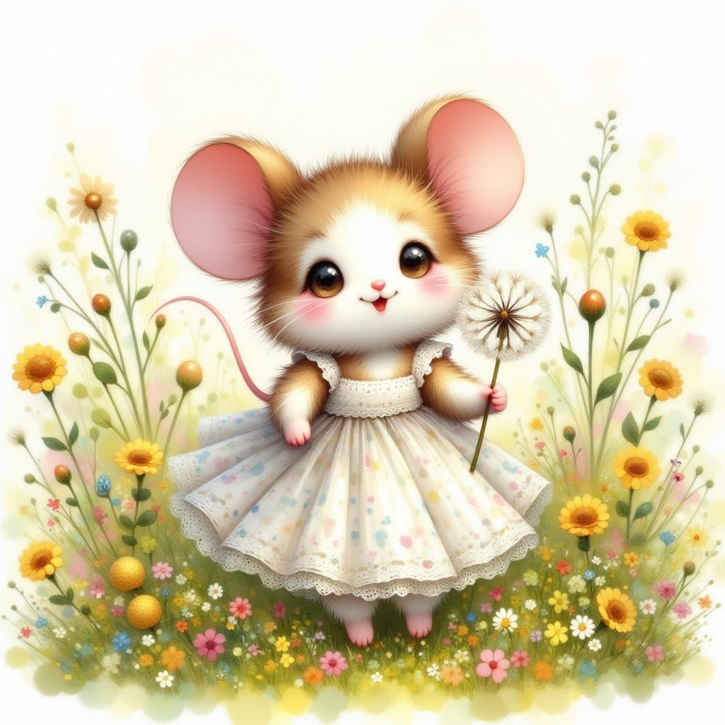 Mouse in Sundress with Dandelion, Storybook Illustration