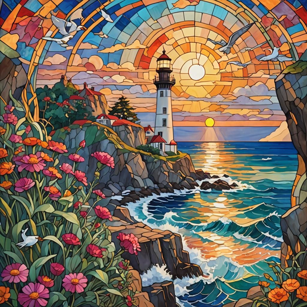 Art nouveau stained glass, lighthouse on a cliff, globe amaranth, seagulls, brilliant sunrise