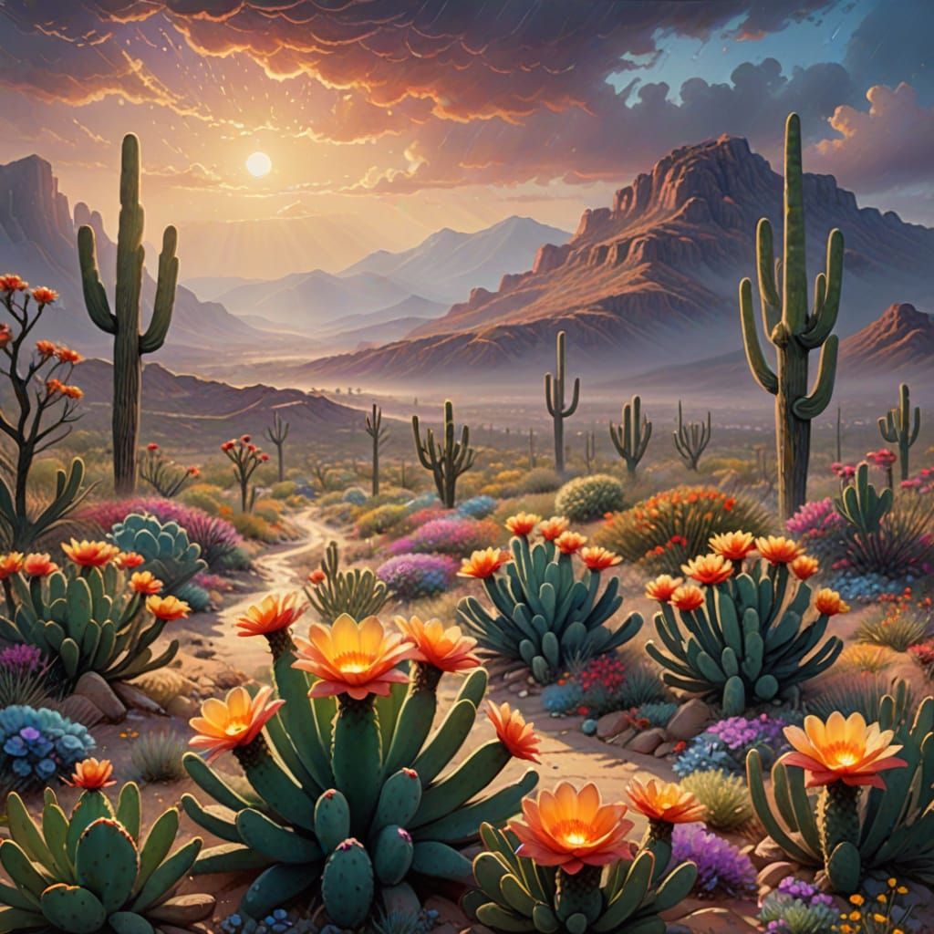 Vibrant Desert Blooms After Rainstorm In Ethereal Style