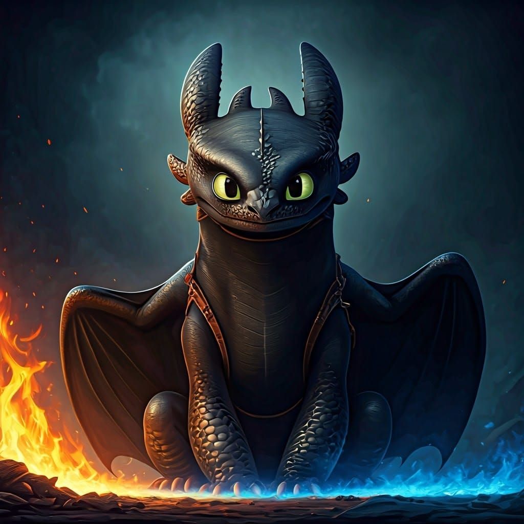 Majestic Night Fury Dragon Amidst Flaming Blue Fire