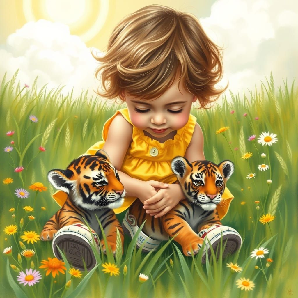 Innocent Joy: Tender Moment Between Child and Tiger Cub in L...