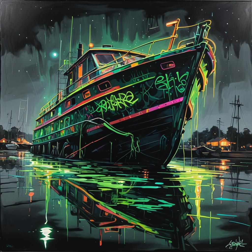 Neon Boat on Dark Lake in Graffiti Art Style