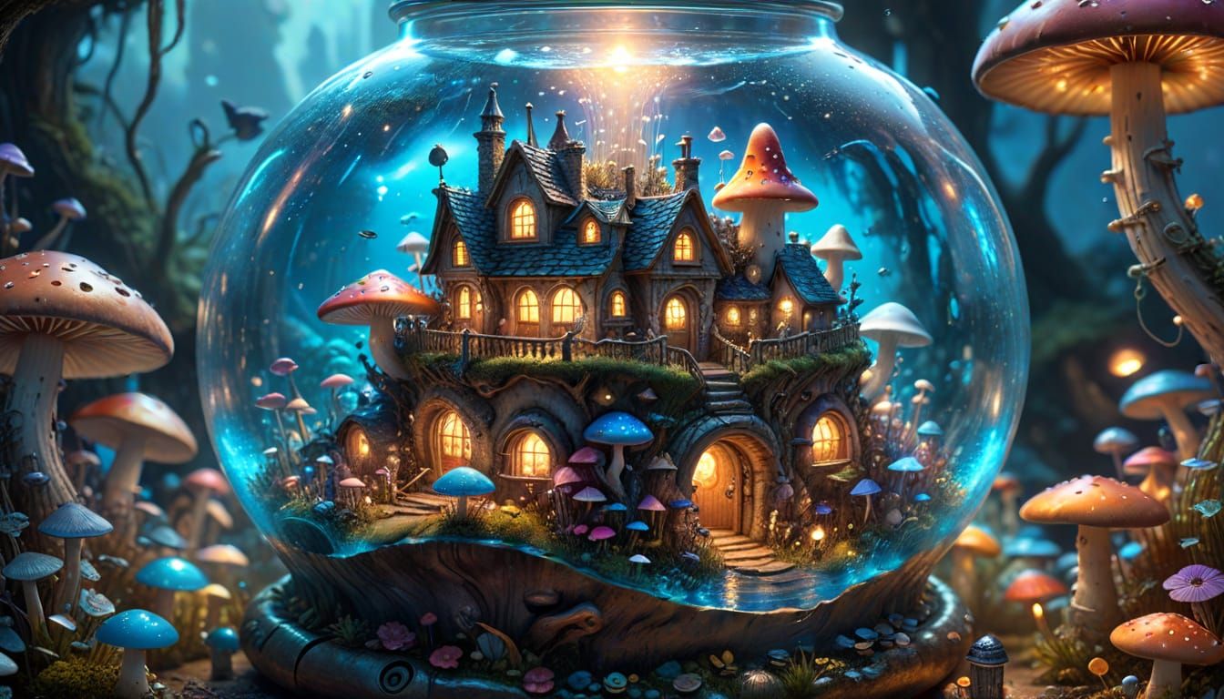 Miniature Village Inside Mushroom, Astral Illustration