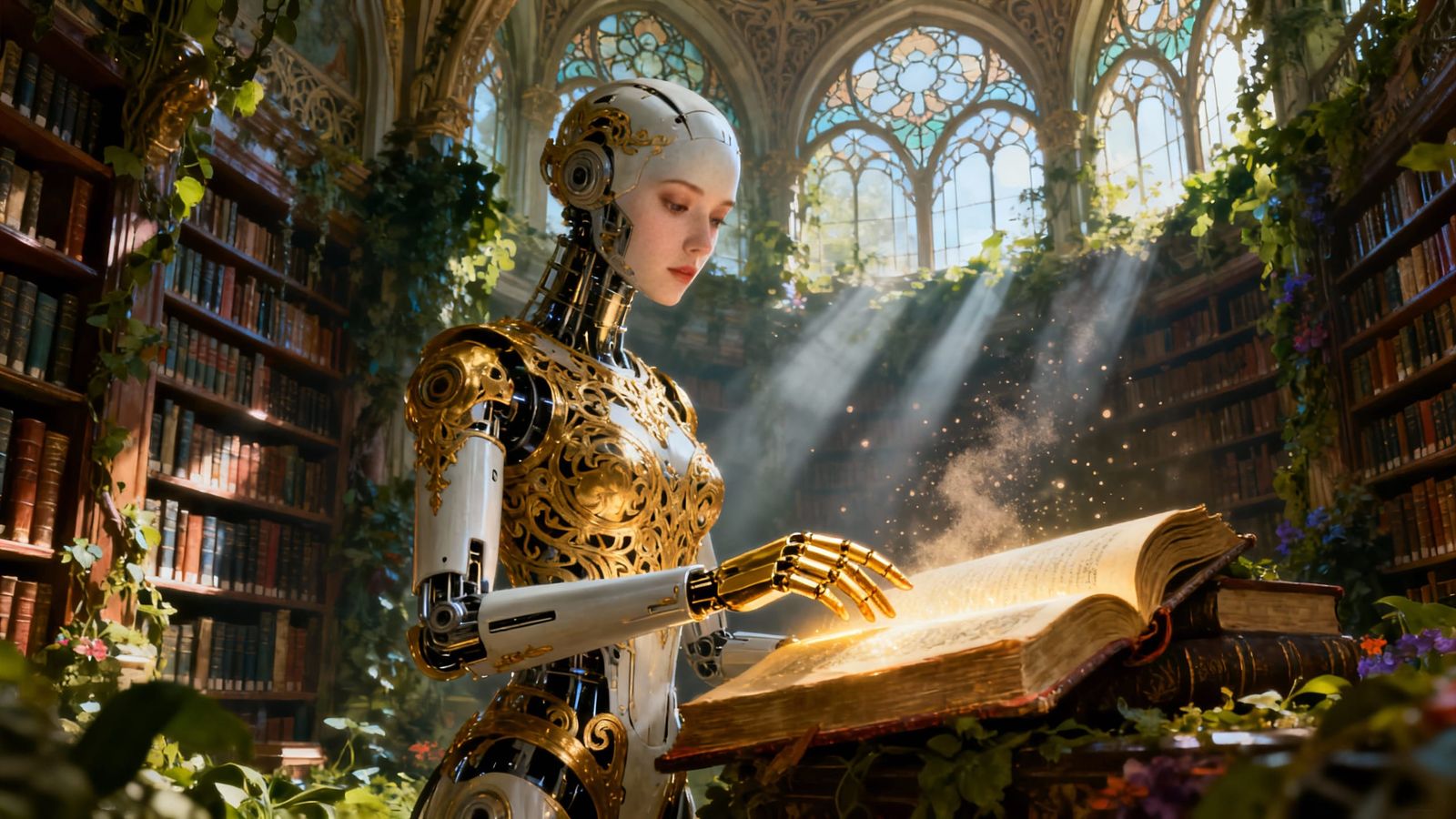 Futuristic Robot in Overgrown Library, Rembrandt Lighting