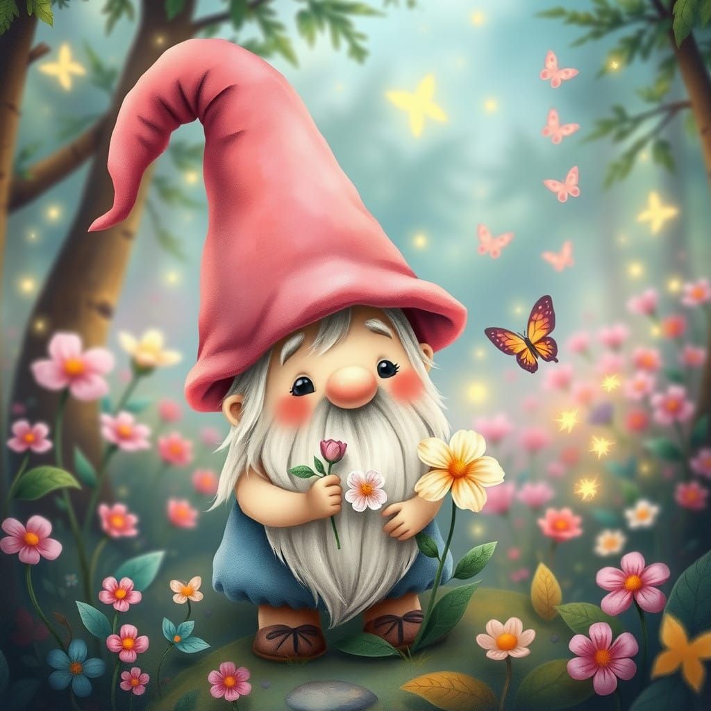Whimsical Pastel Gnome in a Vibrant Forest