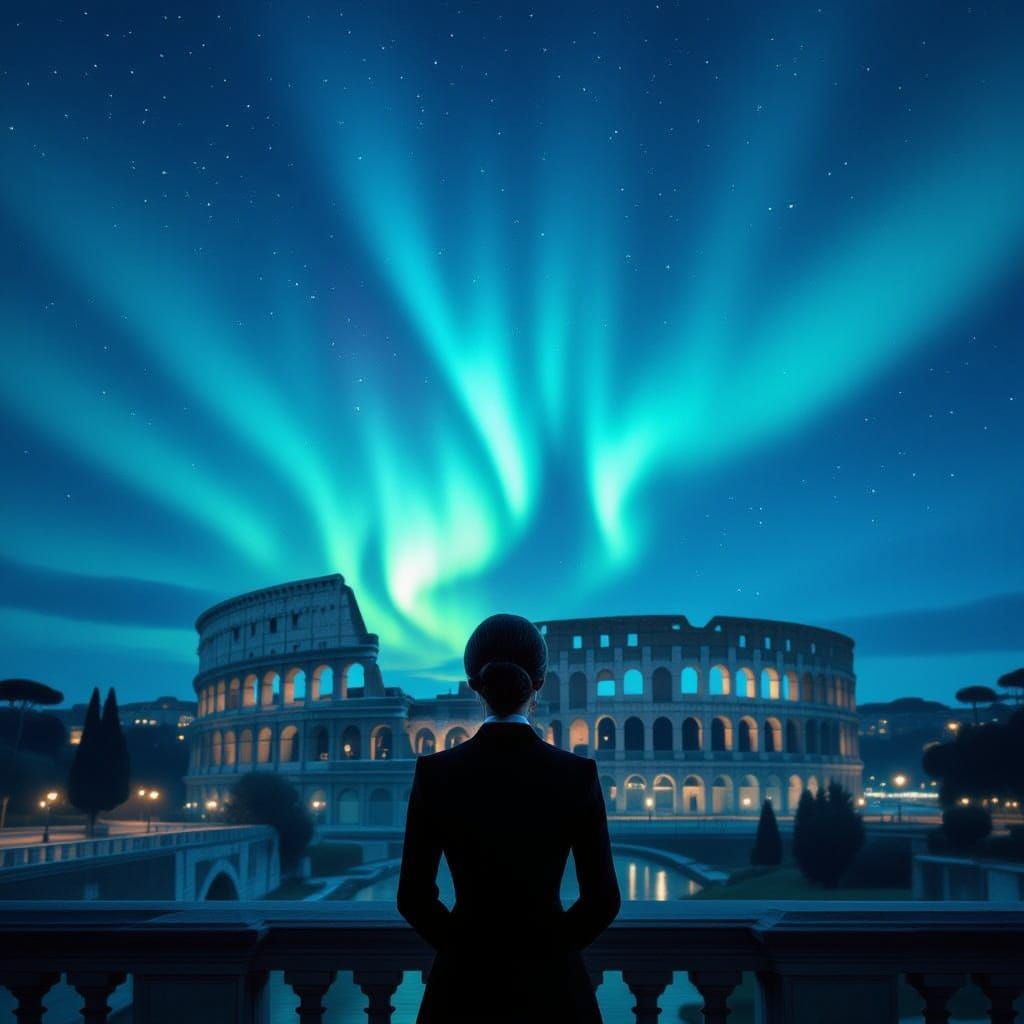 Aurora Borealis Over Rome with Elegant Woman