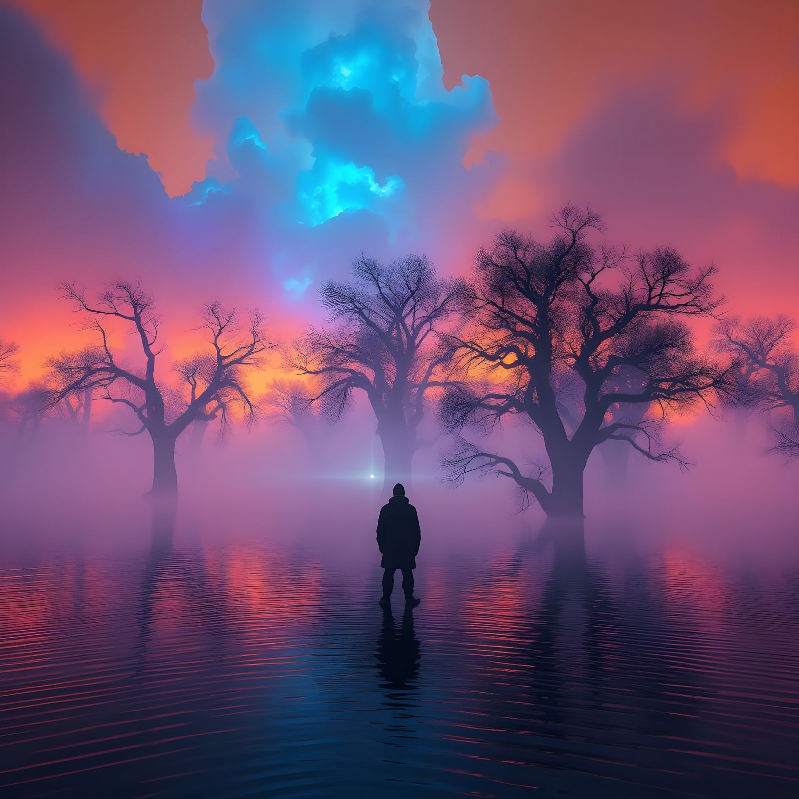 Ethereal Fantasy Landscape Illuminated in Complementary Colo...
