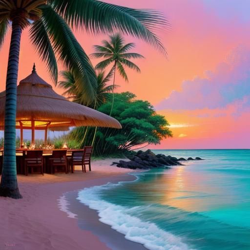 Tropical bewach sunset and huts