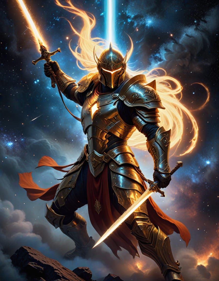 Celestial Warrior Wielding Flaming Sword in Space Opera Styl...