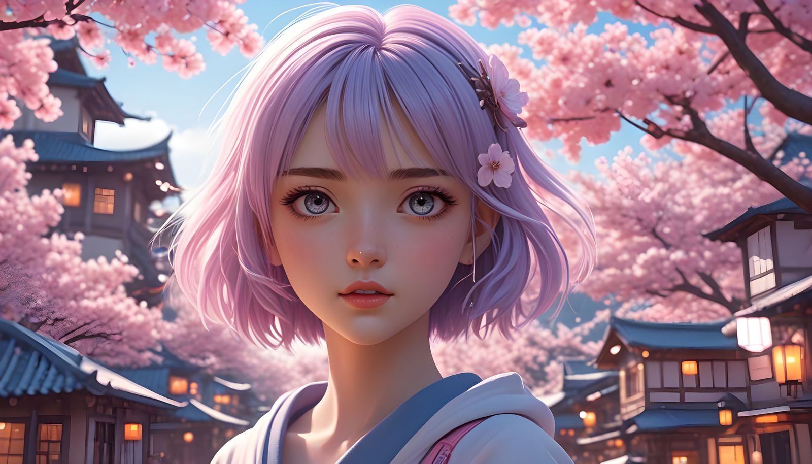 Anime Character in Floating Cyber Village with Cherry Blosso...